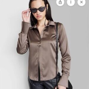 Wild Fable Dark Taupe Satin Bell Sleeve Three Button Closure Blouse Top